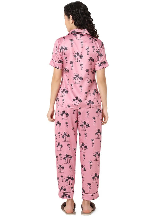 Smarty Pants Women's Silk Satin Pink Color Palm Tree Printed Night Suit