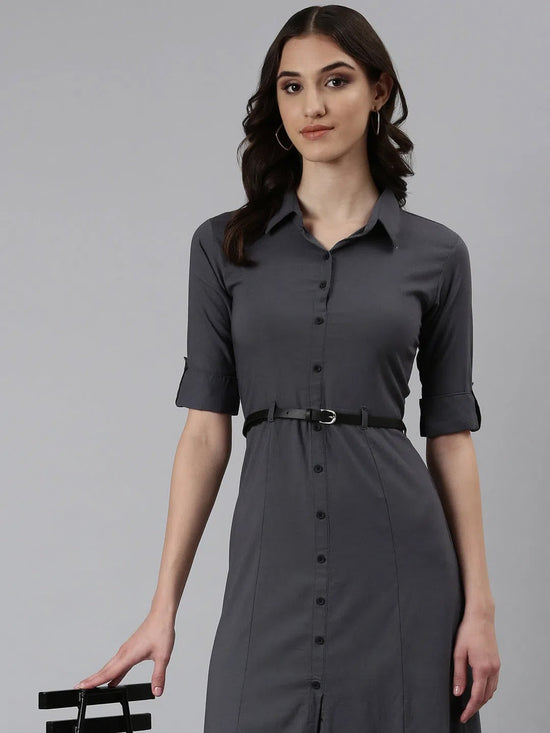 Women Grey Solid A-Line Dress-DF-4784-Grey