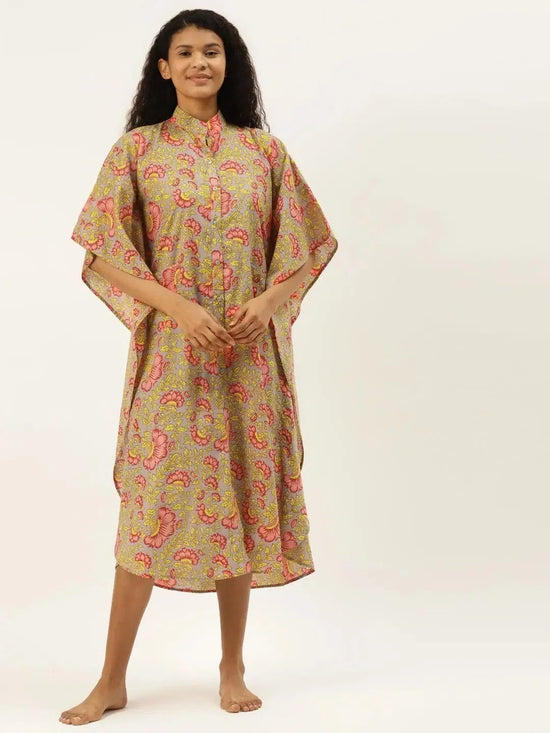 Kaftan with Pockets in Grey Floral Print