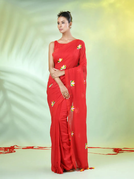 All Over Thread Embroidery Red Cotton Handspun Saree-MA62CH33660049