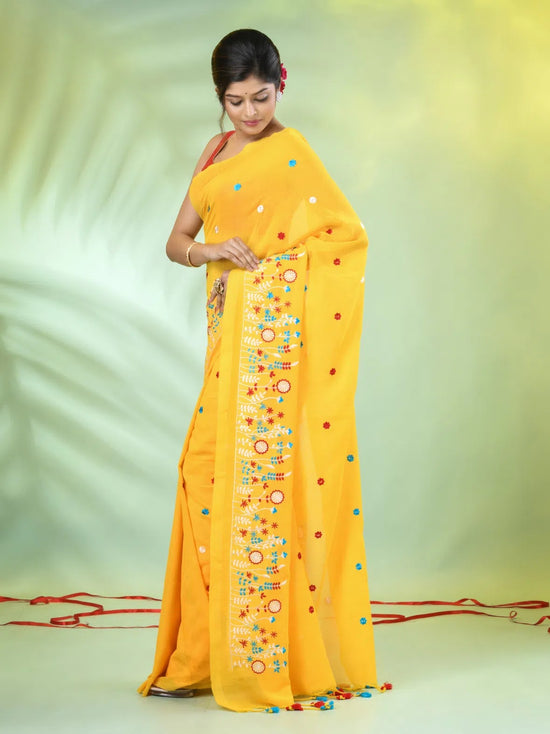 All Over Thread Floral Embroidery Yellow Cotton Saree-MA62CT33610082