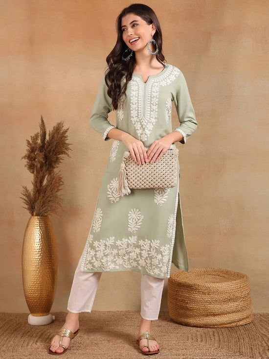 Ahika Women Green Viscose Rayon Solid Embroidered Chikankari Straight Kurta-VCK9779GRN