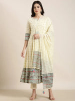 Women Anarkali Cream Floral Kurta and Trousers Set Comes With Dupatta-RF-2159-Cream