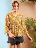 Women Yellow Floral Front Button Frill Peplum Top