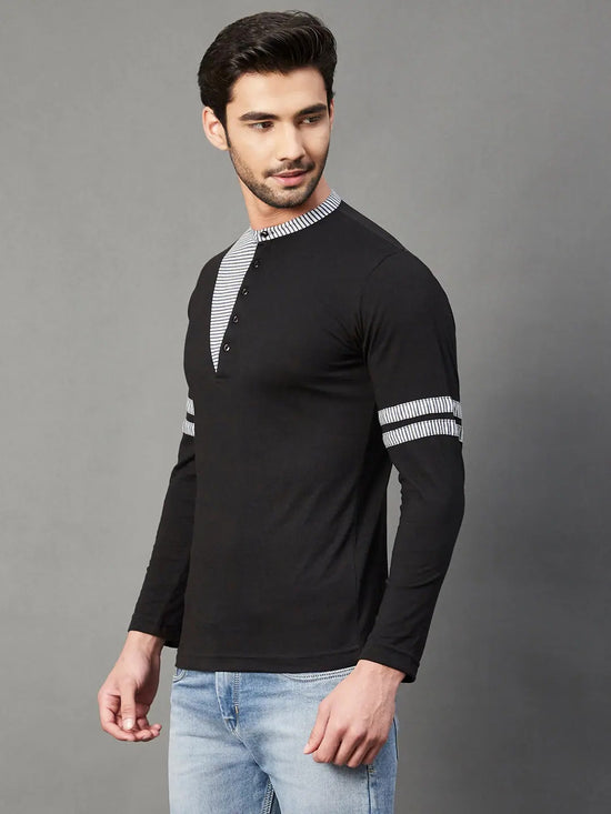 Rigo Black With Contrast Detailing Henley Full Sleeve Cotton T-Shirt