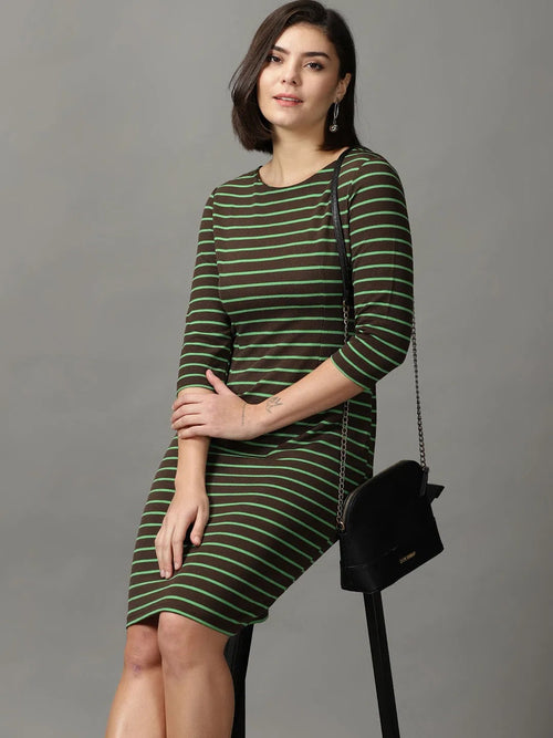 Women's Coffee Brown Striped Bodycon Dress-DQ-17-163-3-Coffeebrown