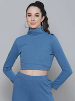 Blue Rib Turtle Buttoned Neck Crop Top