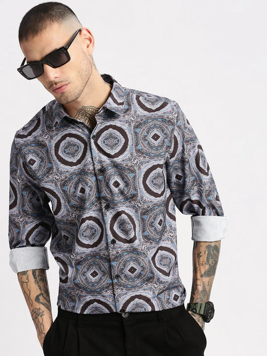 Men Spread Collar Abstract Grey Casual Shirt-PELSIC-2249-Grey