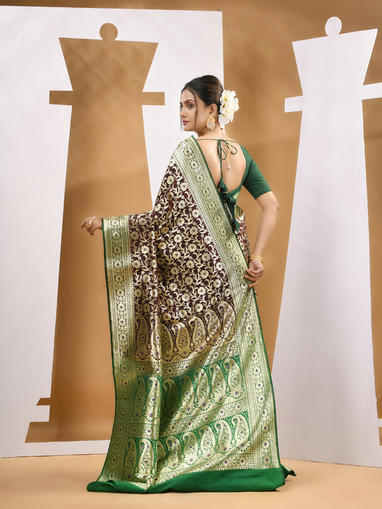 Dark Chocolate Silk Banarasi Saree With Zari Woven Designs-MA53BSL441050001