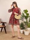 Women Red Floral Organza Tiered Short Dress