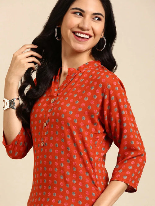 Women's Orange Printed Straight Kurta-GW-500-4-Rust