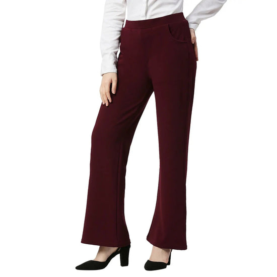 Smarty Pants Women's Cotton Lycra Bell Bottom Wine Formal Trouser