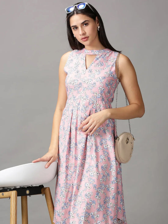 Women's Pink Printed A-Line Dress-AE-15709-Pink