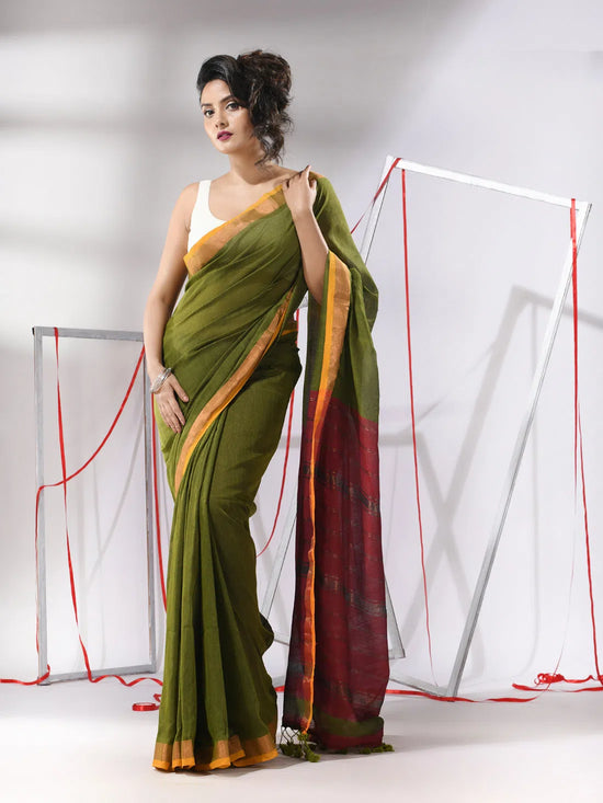 Moss Green Cotton Saree With Stripes Zari Pallu-MA55CT06520096