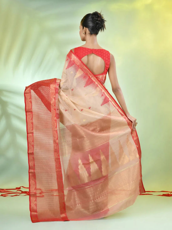 Beige Cotton Handwoven Saree With Zari Borders-MA66CT431820066