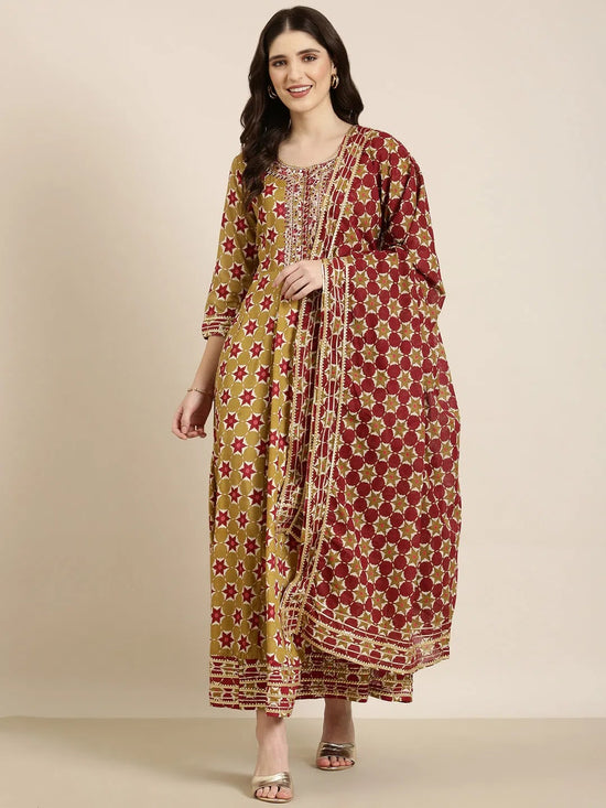 Women Khaki Geometrical Anarkali Kurta-FS-2862-Khaki