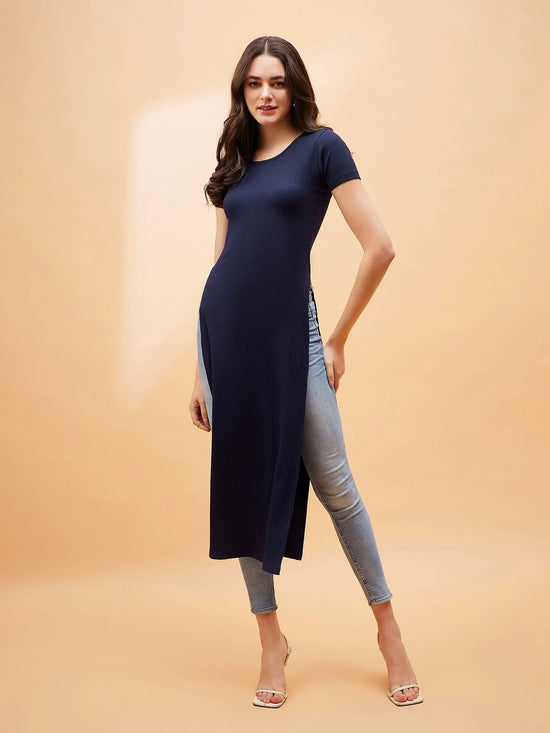 Women Navy Blue Rib Side Slit Longline Top