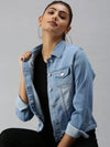 Women's Blue Solid Denim Jacket Jackets-LT-JKT105372C-Blue