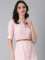 Women Pink Solid Shirt Dress-DF-4696-Pink