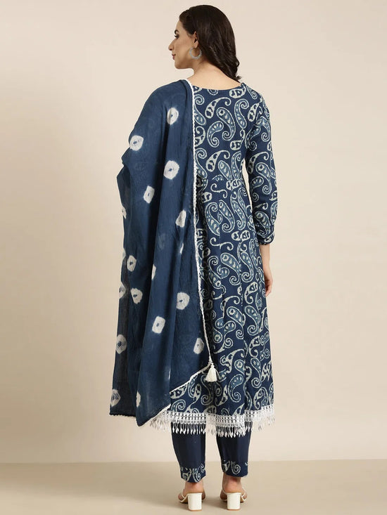 Women Anarkali Navy Blue Paisley Kurta and Trousers Set Comes With Dupatta-UB-3002-Navyblue