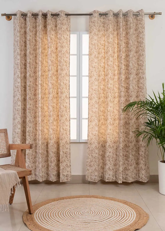 French Farmhouse 100% cotton floral curtain for living room - Room darkening - Beige - Pack of 1-230421034