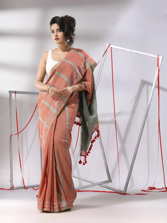 Dark Peach Cotton Saree With Stripes Design-MA55CT06530014