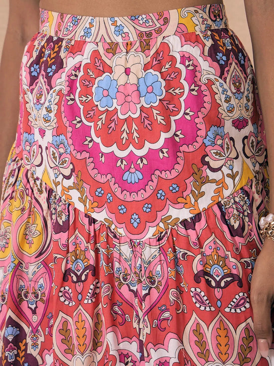 Women Pink Ethnic Motif Crop Top With Skirt