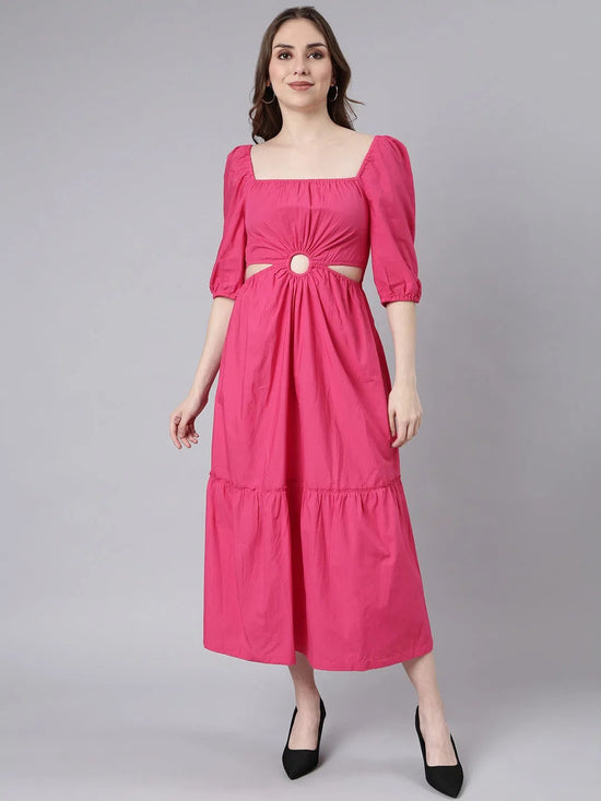 Women Pink Solid Fit and Flare Dress-ON-747-Pink