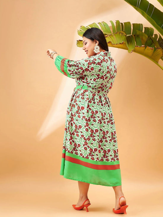 Women Green Floral Belted Midi Shirt Dress