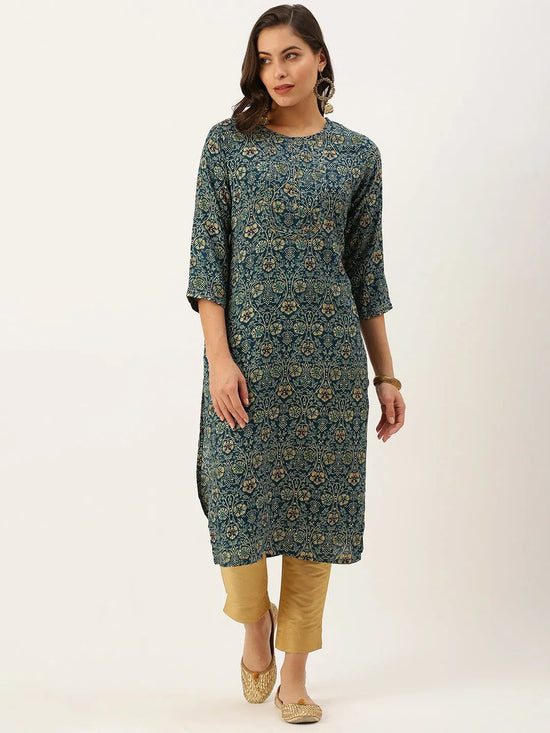 Women's Blue Printed Straight Kurtas-HO-1425-Teal