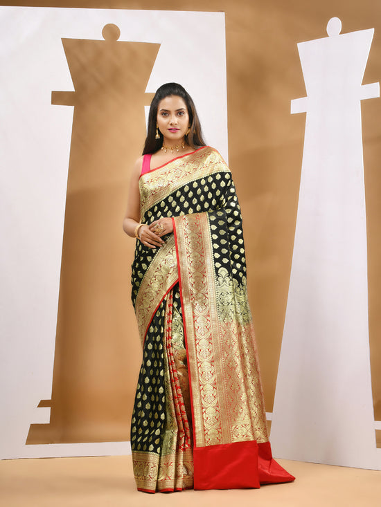 Black Katan Silk Banarasi Saree With Damask Motifs And Woven Designs-MA53KA441380030