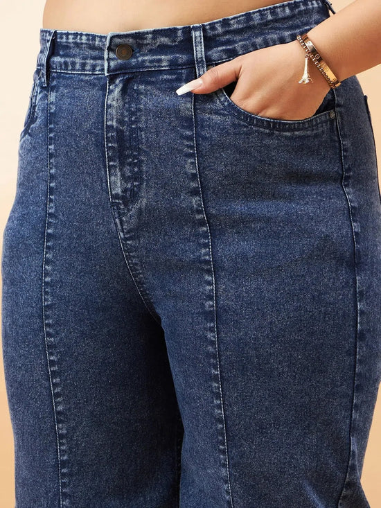 Women Blue Wash High Waist Seam Detail Straight Jeans