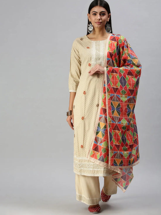 Women's Beige Printed Kurta Sets-GW1684-Cream