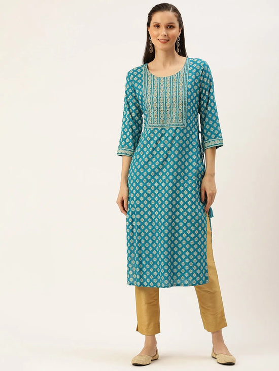 Women's Blue Printed Straight Kurtas-AT-A250-K-Blue