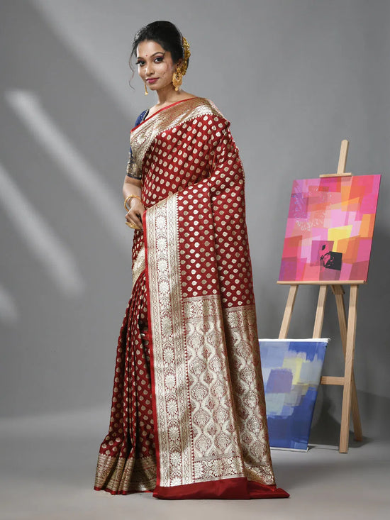 Dark Red Silk Banarasi Saree With Ethnic Motifs And Woven Designs-MA52BSL441050100