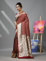 Dark Red Silk Banarasi Saree With Ethnic Motifs And Woven Designs-MA52BSL441050100