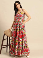 Tiered maxi Dress in Red and Cream Ikkat Print