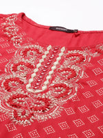 Women's Red Embroidered Straight Kurta-AT-A-769-Red