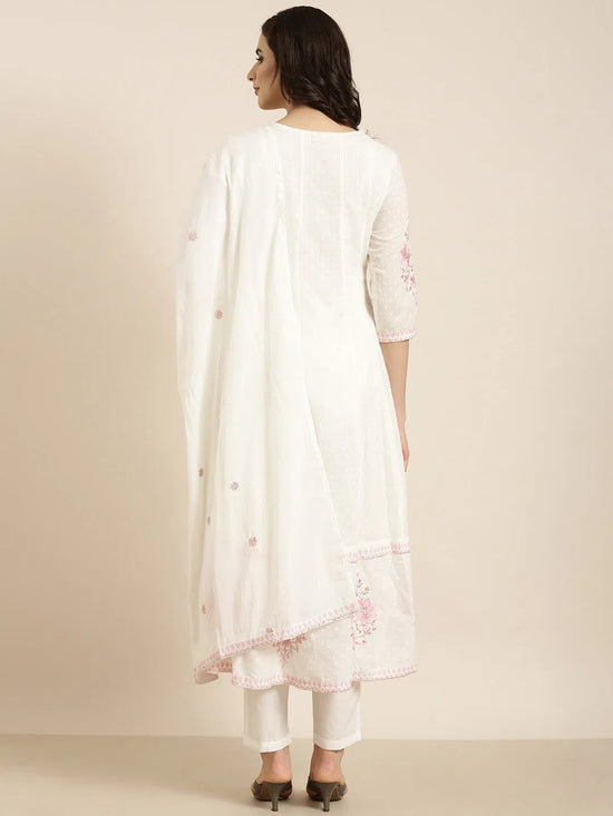 Women Anarkali Off White Floral Kurta and Trousers Set Comes With Dupatta-RJF-2150-Offwhite