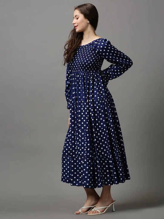 Women's Blue Printed Fit and Flare Dress-ON-526-Navyblue