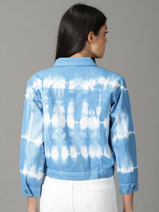 Women's Blue Printed Open Front Jacket-AE-0174-Blue