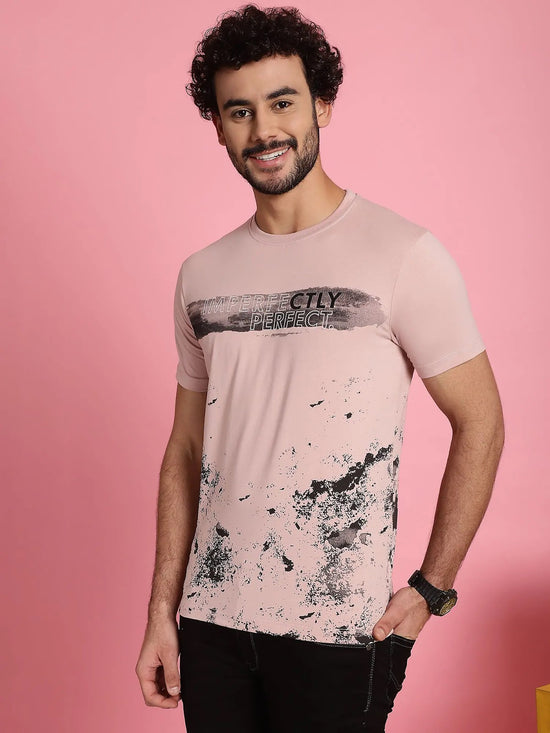 Venitian Men Printed Round Neck Pink Cotton Lycra T-Shirt