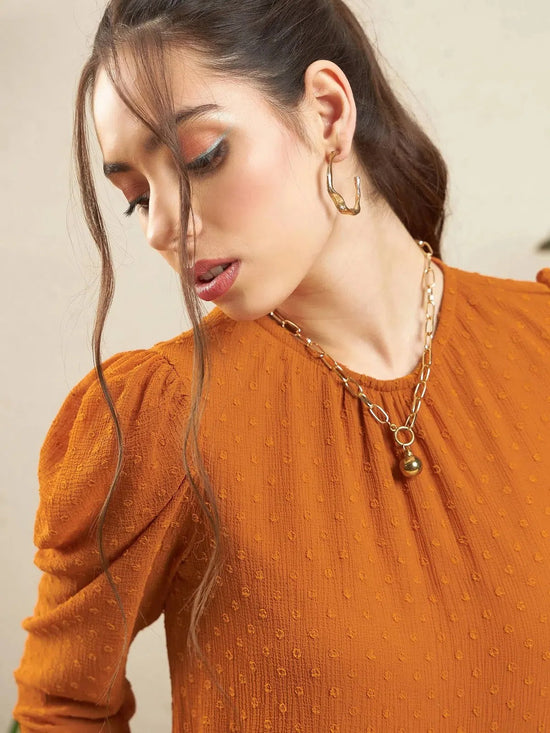 Women Rust Dobby Puff Sleeves Regular Top