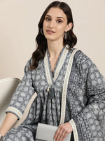 Women Grey Floral Kurta Set-UB-2806-Grey