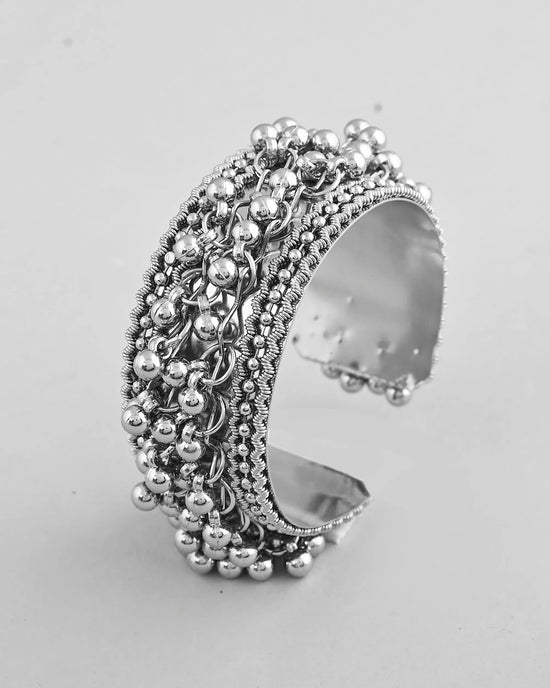 Silver-Plated Ghungroo Studded Oxidized Cuff Bracelet-VOJ360