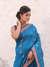 Teal Blue Cotton Saree With Zari Border-MA54BCT041380033