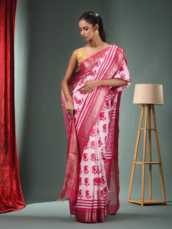 White Blended Silk Handwoven Saree With Zari Border-MA50BSL34830027