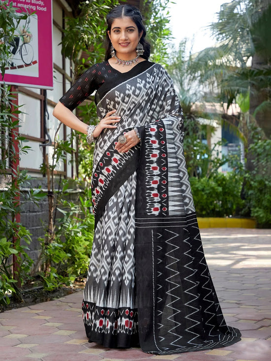 Saree Mall Women's Cotton Charcoal Grey Printed Designer Saree With Blouse Piece-MINAXI3401