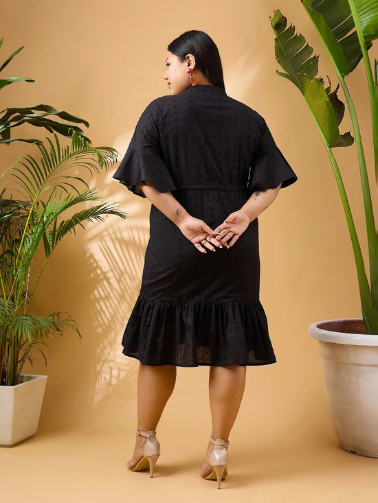 Women Black Schiffli Frill Sleeve & Hem Short Dress