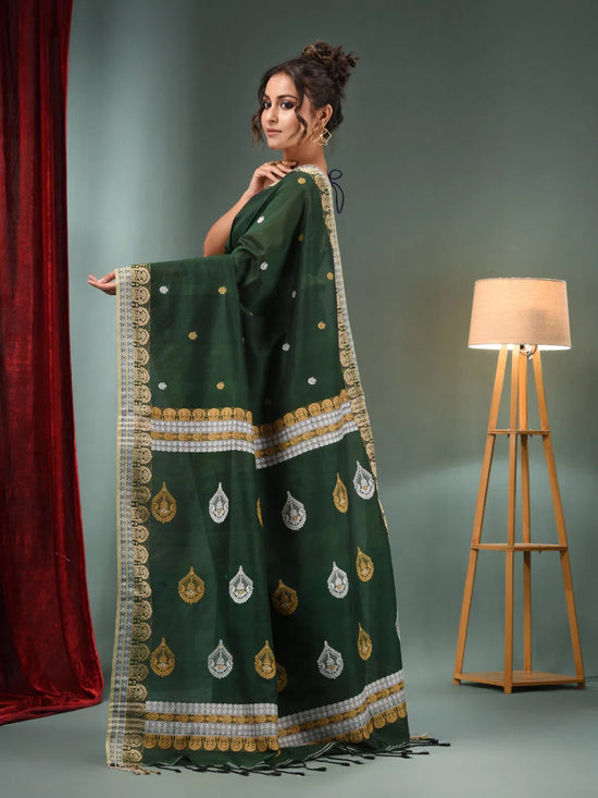 Forest Green Cotton Handwoven Saree With Woven Designs-MA50CT061410088